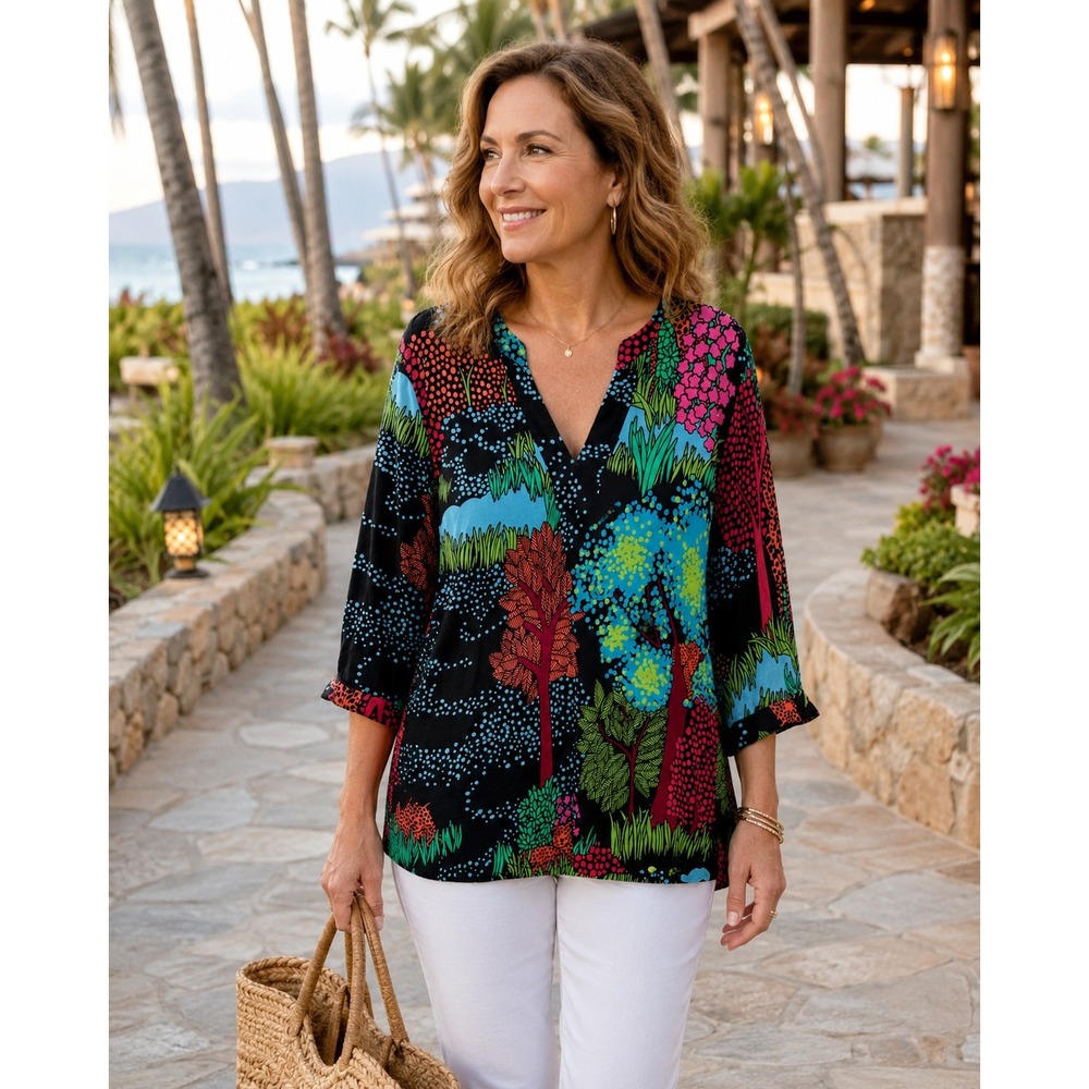 Tori Richard Honolulu XL Tropical Floral Modal Stretch V-Neck Hawaii Tunic Top - Picture 3 of 10